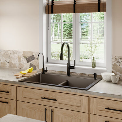 33" Top Mount Double Equal Bowl Quartz Composite Kitchen Sink In Brown