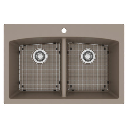 33" Top Mount Double Equal Bowl Quartz Composite Kitchen Sink Kit In Concrete