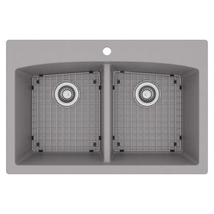 33" Top Mount Double Equal Bowl Quartz Composite Kitchen Sink Kit In Grey