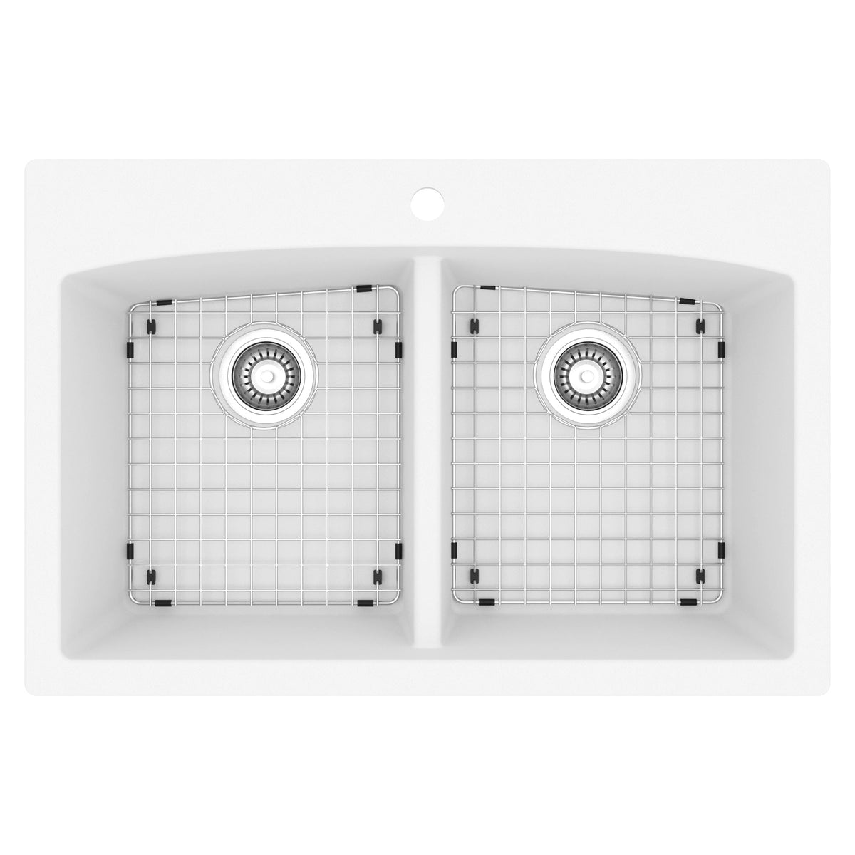 33" Top Mount Double Equal Bowl Quartz Composite Kitchen Sink Kit In White