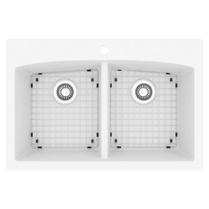 33" Top Mount Double Equal Bowl Quartz Composite Kitchen Sink Kit In White