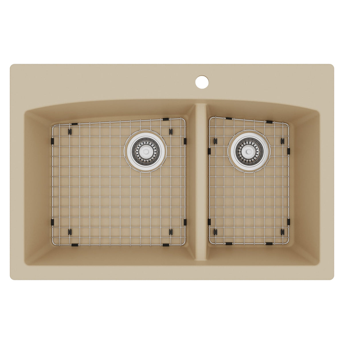 33" Top Mount Double Offset Bowl Quartz Composite Kitchen Sink Kit In Bisque