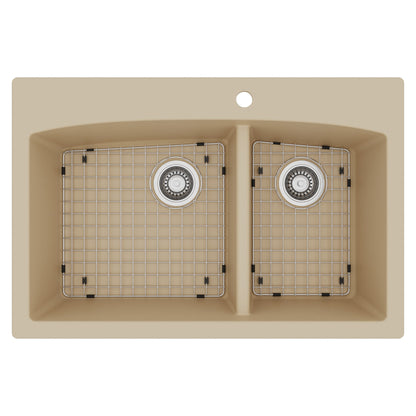 33" Top Mount Double Offset Bowl Quartz Composite Kitchen Sink Kit In Bisque