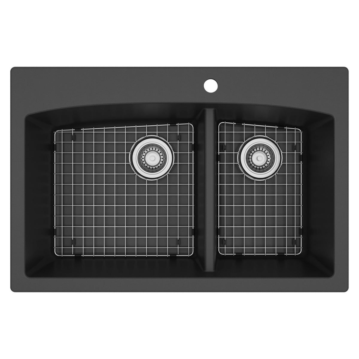 33" Top Mount Double Offset Bowl Quartz Composite Kitchen Sink Kit In Black