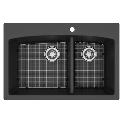 33" Top Mount Double Offset Bowl Quartz Composite Kitchen Sink Kit In Black