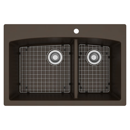 33" Top MountDouble Offset Bowl Quartz Composite Kitchen Sink Kit In Brown