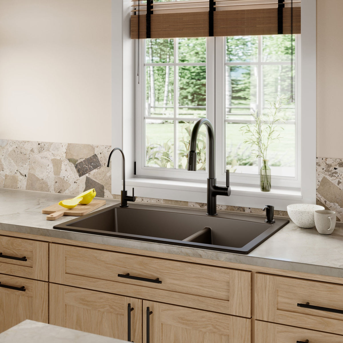 33" Top Mount Double Offset Bowl Quartz Composite Kitchen Sink In Brown