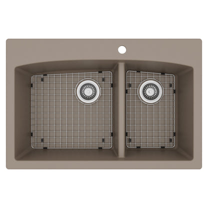 33" Top Mount Double Offset Bowl Quartz Composite Kitchen Sink Kit In Concrete