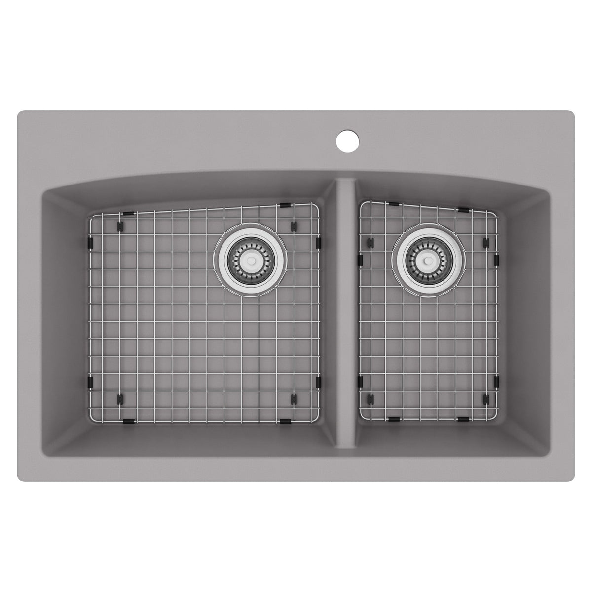33" Top Mount Double Offset Bowl Quartz Composite Kitchen Sink Kit In Grey