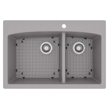 33" Top Mount Double Offset Bowl Quartz Composite Kitchen Sink Kit In Grey