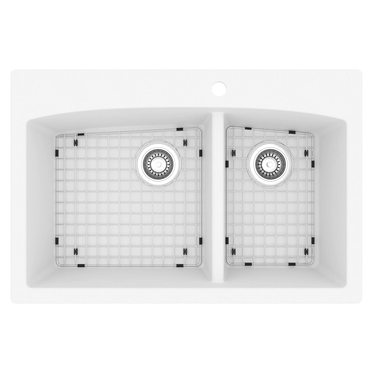 33" Top Mount Double Offset Bowl Quartz Composite Kitchen Sink Kit In White