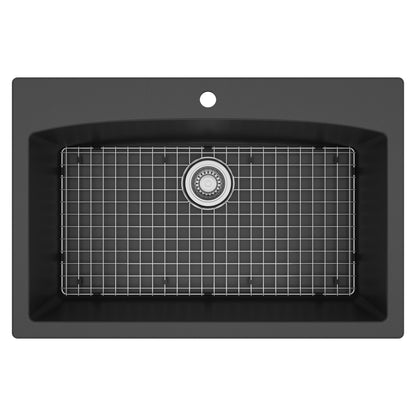 33" Top Mount Large Single Bowl Quartz Composite Kitchen Sink Kit In Black