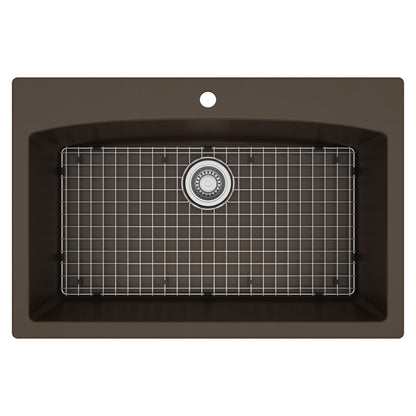 33" Top Mount Large Single Bowl Quartz Composite Kitchen Sink Kit In Brown