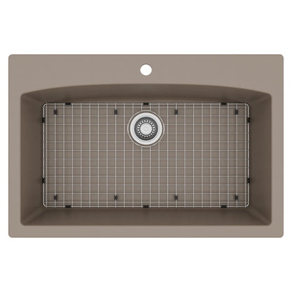 33" Top Mount Large Single Bowl Quartz Composite Kitchen Sink Kit Concrete