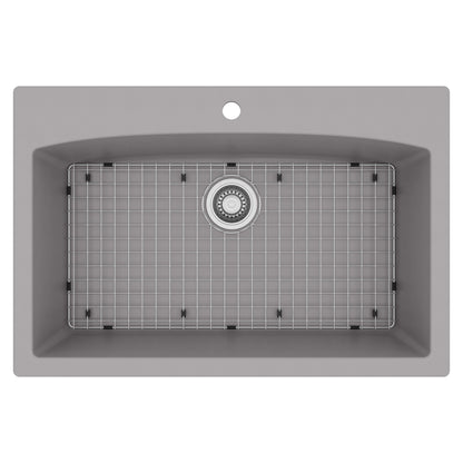 33" Top Mount Large Single Bowl Quartz Composite Kitchen Sink Kit Grey