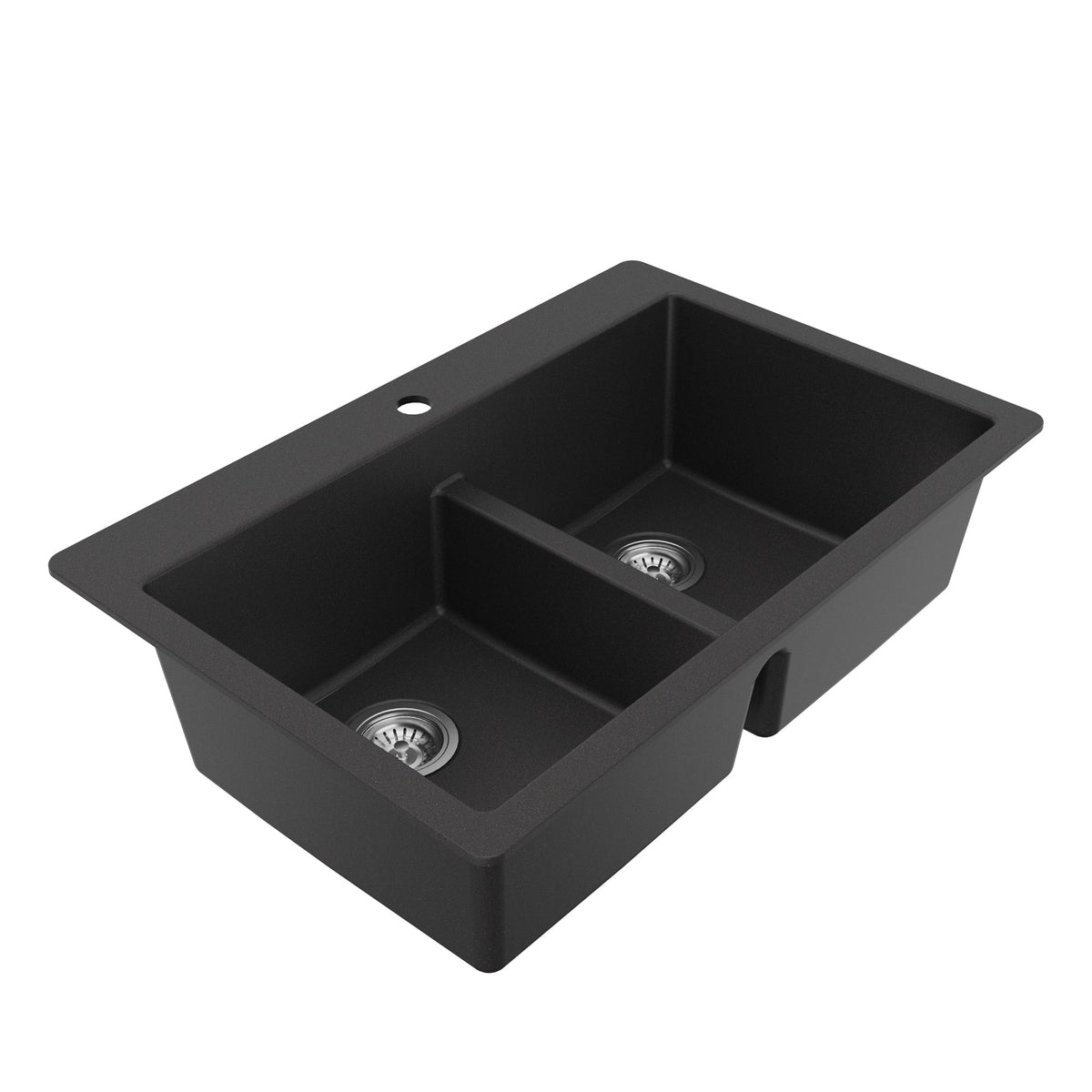 33" Top Mount Double Equal Bowl Quartz Composite Kitchen Sink Kit In Black