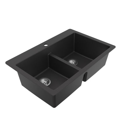33" Top Mount Double Equal Bowl Quartz Composite Kitchen Sink Kit In Black