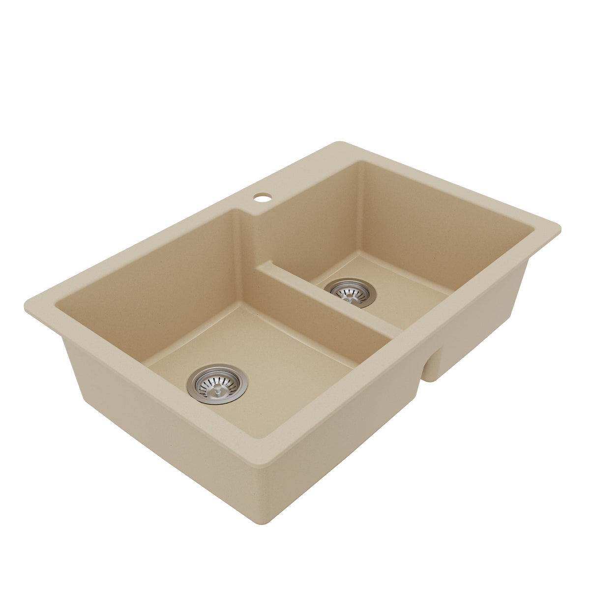 33" Top Mount Double Offset Bowl Quartz Composite Kitchen Sink Kit In Bisque