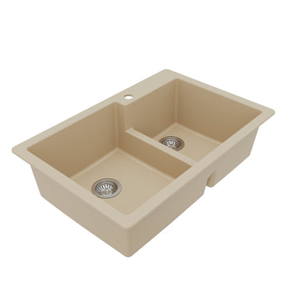 33" Top Mount Double Offset Bowl Quartz Composite Kitchen Sink Kit In Bisque