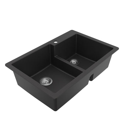 33" Top Mount Double Offset Bowl Quartz Composite Kitchen Sink Kit In Black