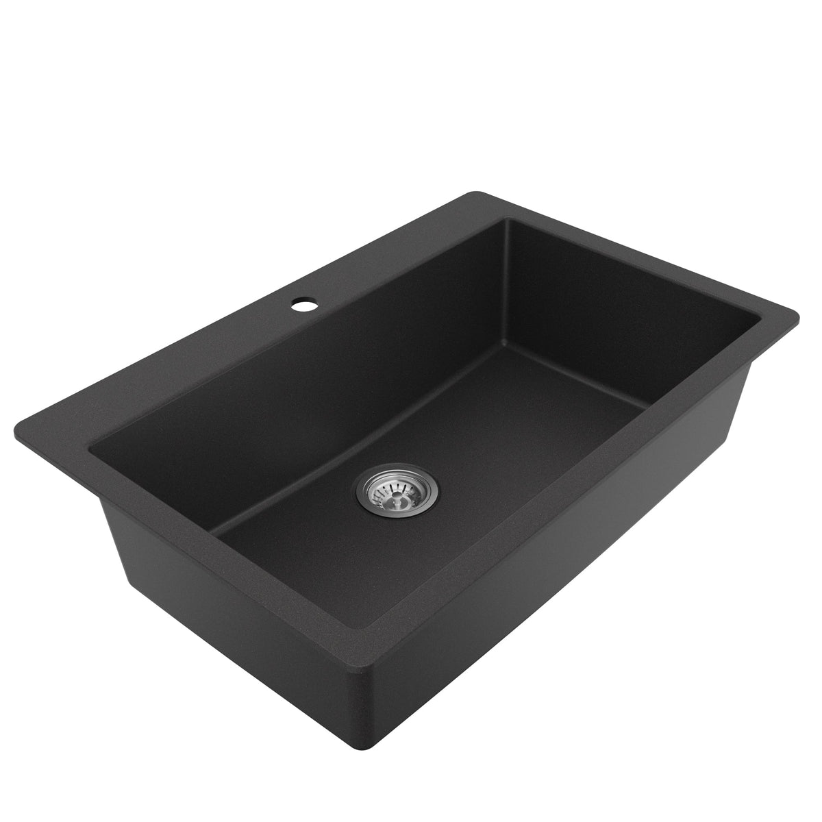33" Top Mount Large Single Bowl Quartz Composite Kitchen Sink Kit In Black