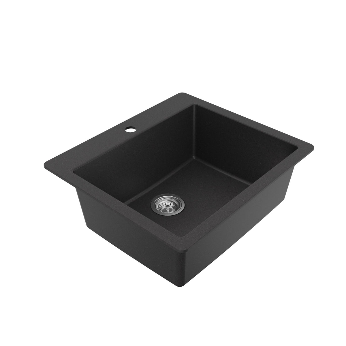 25" Top Mount Single Bowl Quartz Composite Kitchen Sink Kit In Black