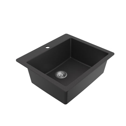 25" Top Mount Single Bowl Quartz Composite Kitchen Sink Kit In Black