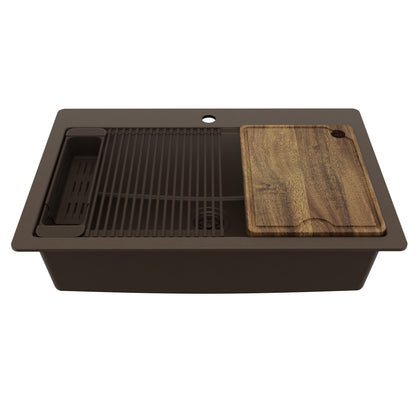 33" Top Mount Single Bowl Quartz Kitchen Sink Kit In Brown