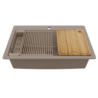 33" Top Mount Single Bowl Quartz Kitchen Sink Kit In Concrete