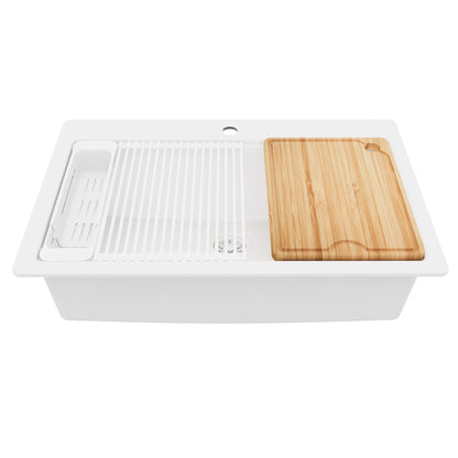 33" Top Mount Single Bowl Quartz Kitchen Sink Kit In White