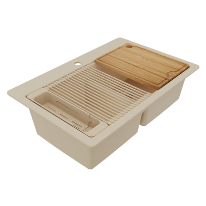 33" Top Mount Double Bowl Quartz Kitchen Sink Kit In Bisque