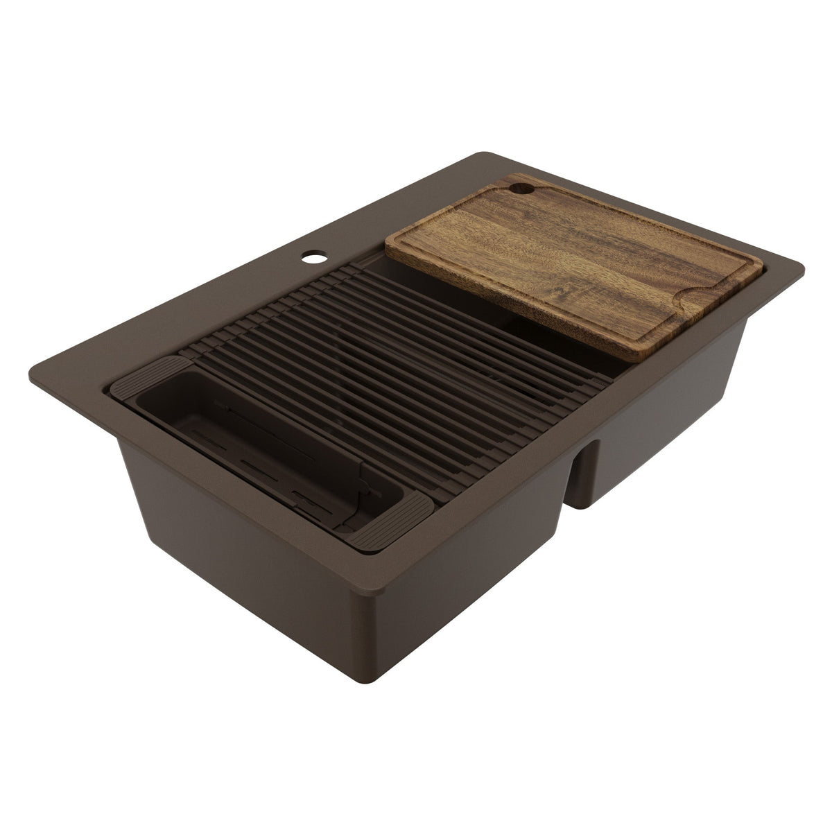 33" Top Mount Double Bowl Quartz Kitchen Sink Kit In Brown