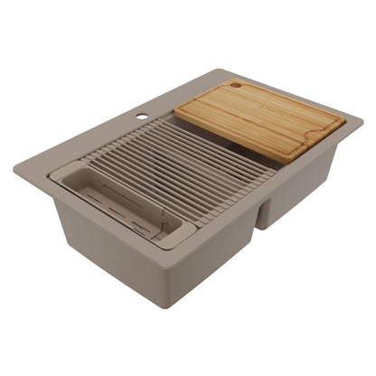 33" Top Mount Double Bowl Quartz Kitchen Sink Kit In Concrete