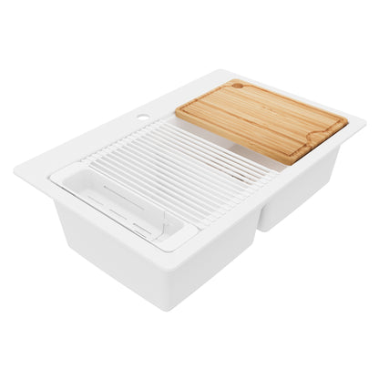 33" Top Mount Double Bowl Quartz Kitchen Sink Kit In White