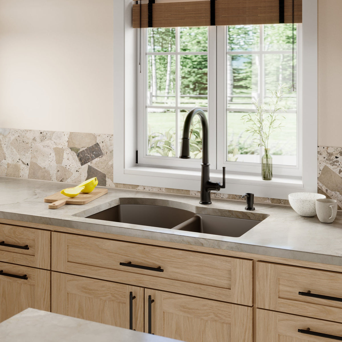 32-1/4" Undermount Double Offset Bowl Quartz Composite Kitchen Sink In Brown