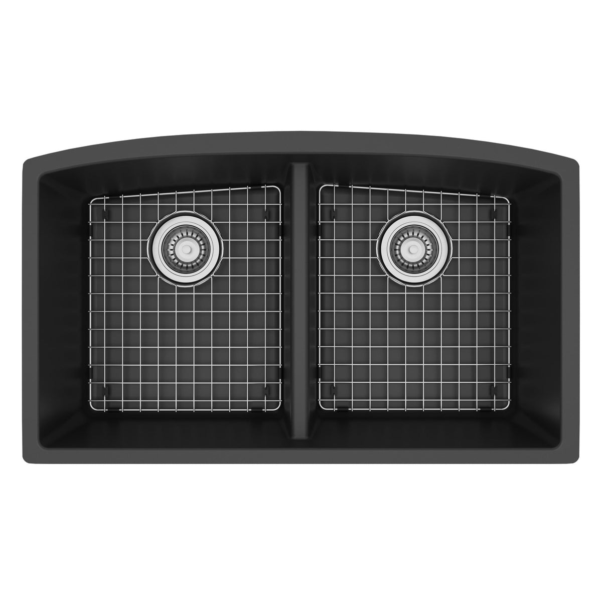 32-1/2" Undermount Double Equal Bowl Quartz Composite Kitchen Sink Kit In Black
