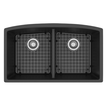 32-1/2" Undermount Double Equal Bowl Quartz Composite Kitchen Sink Kit In Black