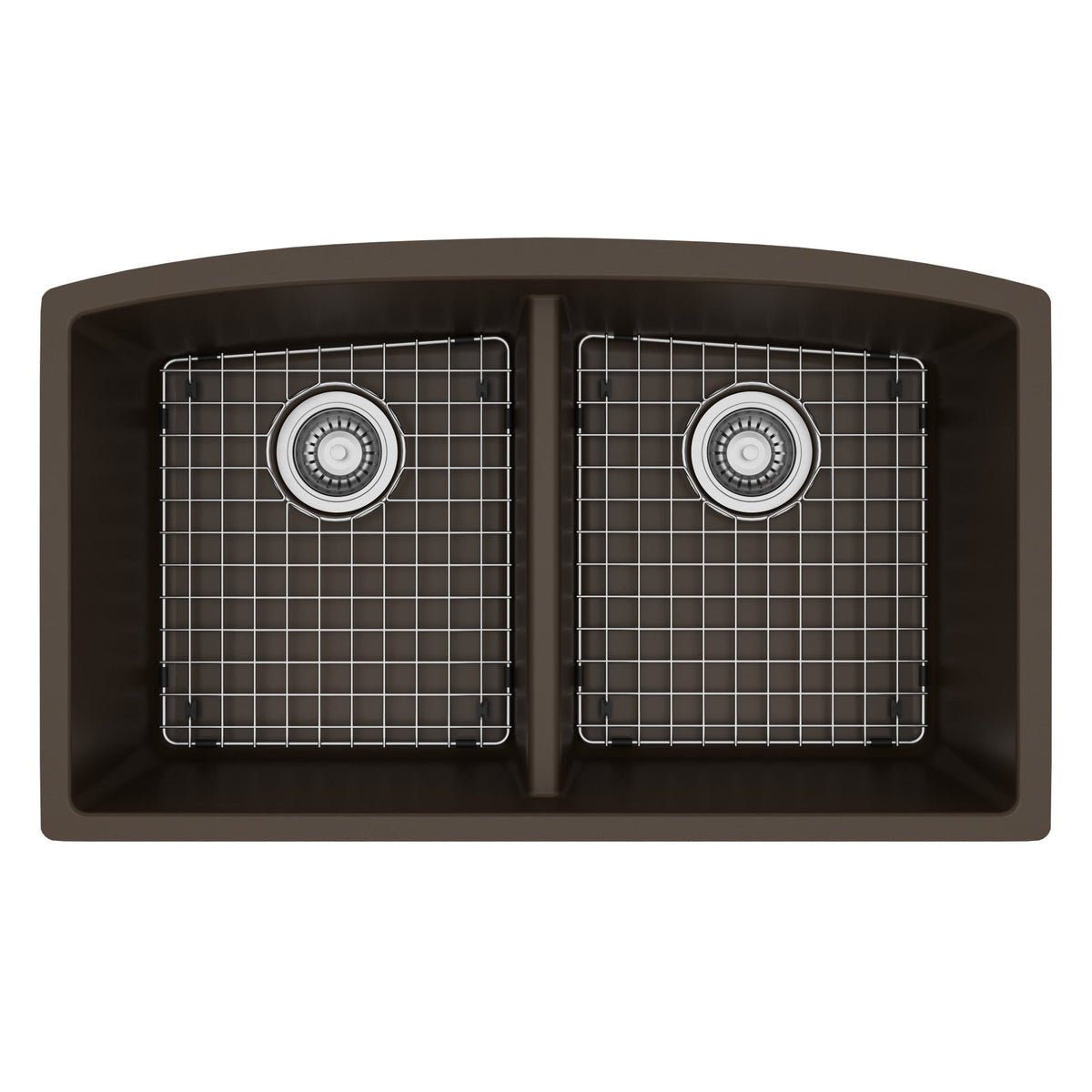 32-1/2" Undermount Double Equal Bowl Quartz Composite Kitchen Sink Kit In Brown
