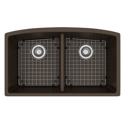 32-1/2" Undermount Double Equal Bowl Quartz Composite Kitchen Sink Kit In Brown