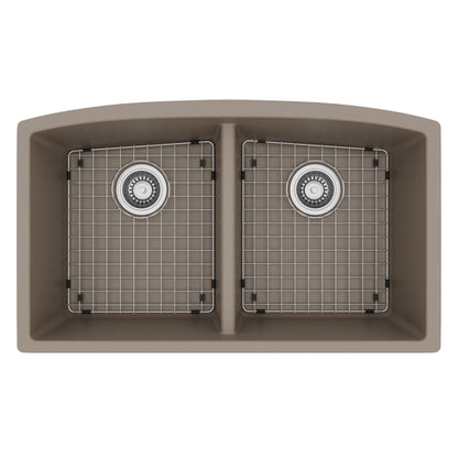 32-1/2" Undermount Double Equal Bowl Quartz Composite Kitchen Sink Kit In Concrete