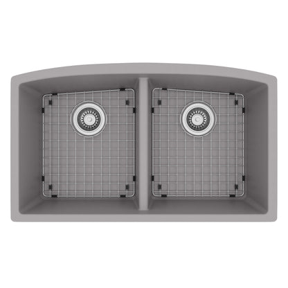 32-1/2" Undermount Double Equal Bowl Quartz Composite Kitchen Sink Kit In Grey