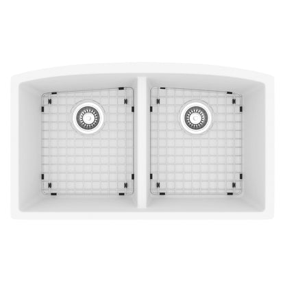32-1/2" Undermount Double Equal Bowl Quartz Composite Kitchen Sink Kit In White