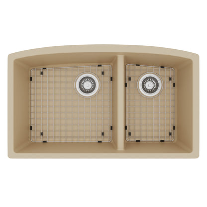32-1/2" Undermount Double Offset Bowl Quartz Composite Kitchen Sink Kit In Bisque