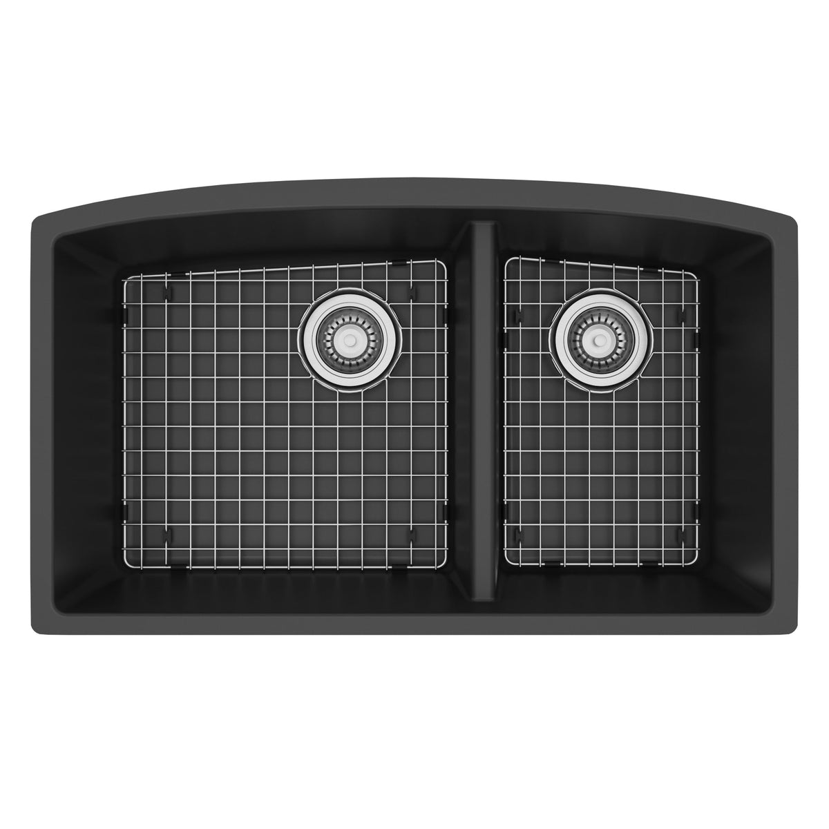 32-1/2" Undermount Double Offset Bowl Quartz Composite Kitchen Sink Kit In Black
