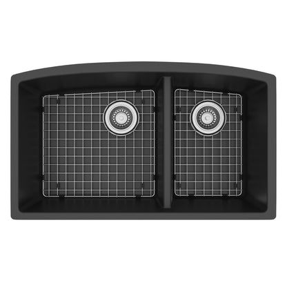 32-1/2" Undermount Double Offset Bowl Quartz Composite Kitchen Sink Kit In Black