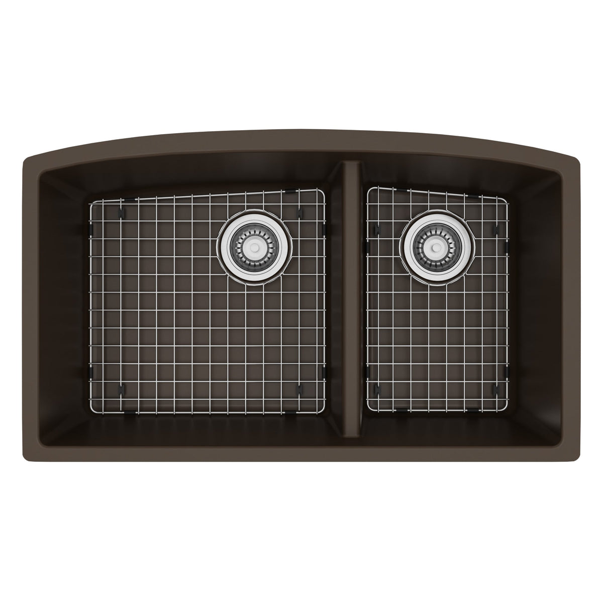 32-1/2" Undermount Double Offset Bowl Quartz Composite Kitchen Sink Kit In Brown