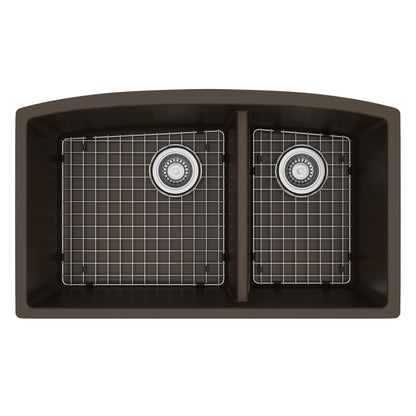 32-1/2" Undermount Double Offset Bowl Quartz Composite Kitchen Sink Kit In Brown