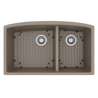 32-1/2" Undermount Double Offset Bowl Quartz Composite Kitchen Sink Kit In Concrete