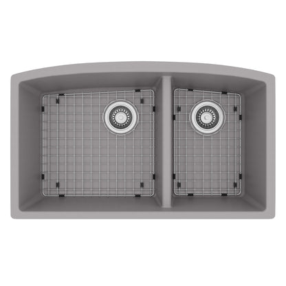 32-1/2" Undermount Double Offset Bowl Quartz Composite Kitchen Sink Kit In Grey