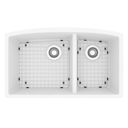 32-1/2" Undermount Double Offset Bowl Quartz Composite Kitchen Sink Kit In White